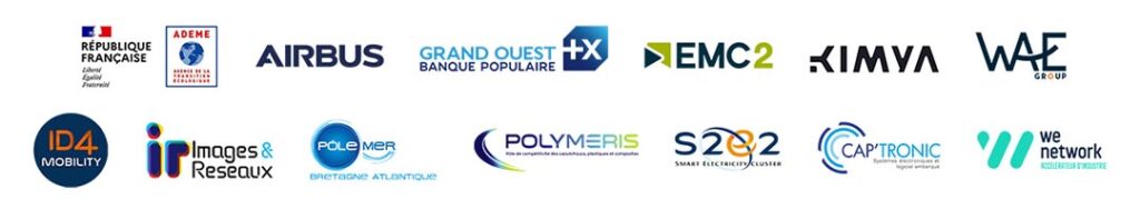 Visuel présentant tous les logos des partenaires de Manufacturing Factory saison 7 par Atlanpole dont ADEME, Airbus, Banque Populaire Grand Ouest, EMC2, ID4 Mobility, pôle Images & Réseaux, pôle Mer Bretagne Atlantique, Polymeris, Cap'Tronic, We Network